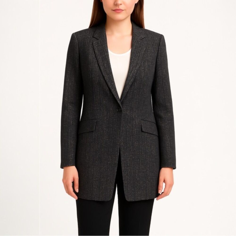 W By Worth Single Button Blazer Black & Silver Tweed Boyfriend Jacket Size 10